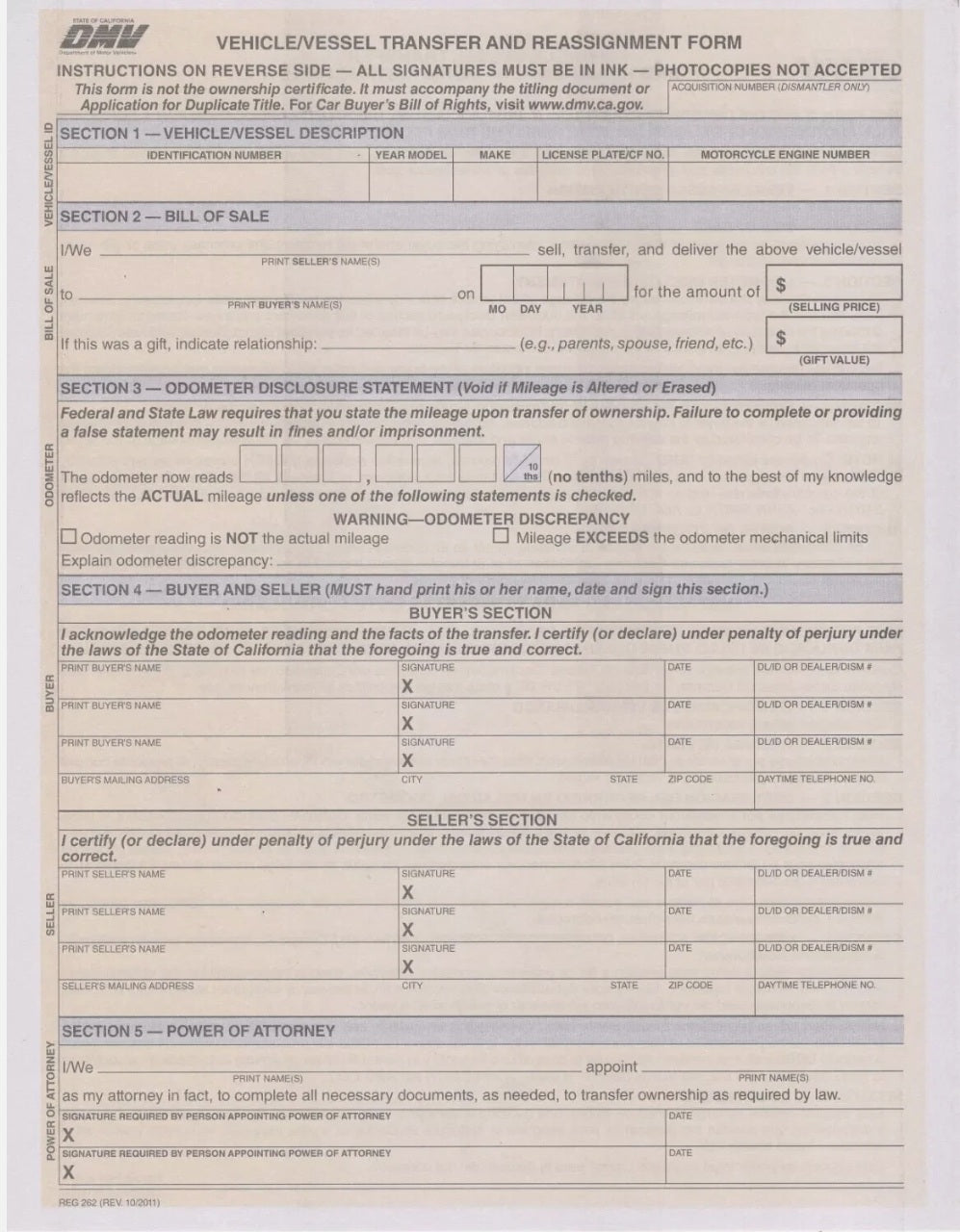 California Bill Of Sale DMV REG FORM# 262 Vehicle Transfer Reassignment PACK OF 50