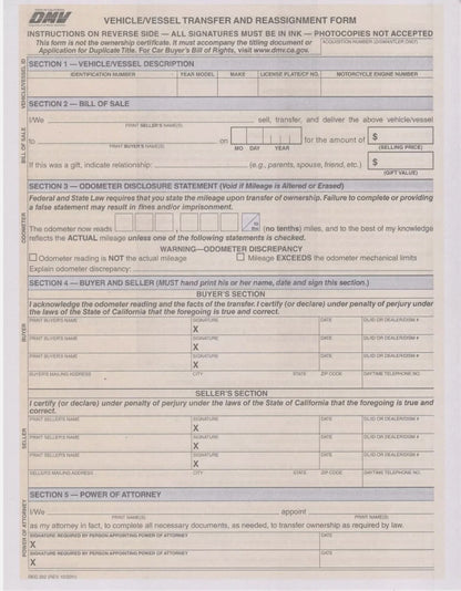 California Bill Of Sale DMV REG FORM# 262 Vehicle Transfer Reassignment PACK OF 50