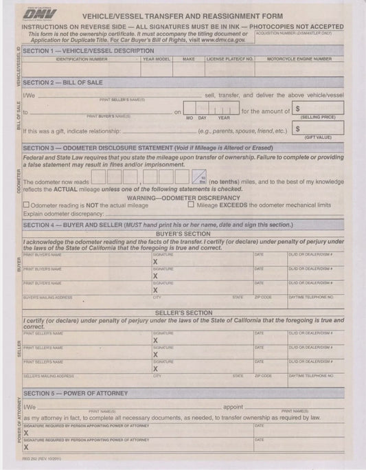 California Bill Of Sale DMV REG FORM# 262 Vehicle Transfer Reassignment PACK OF 50