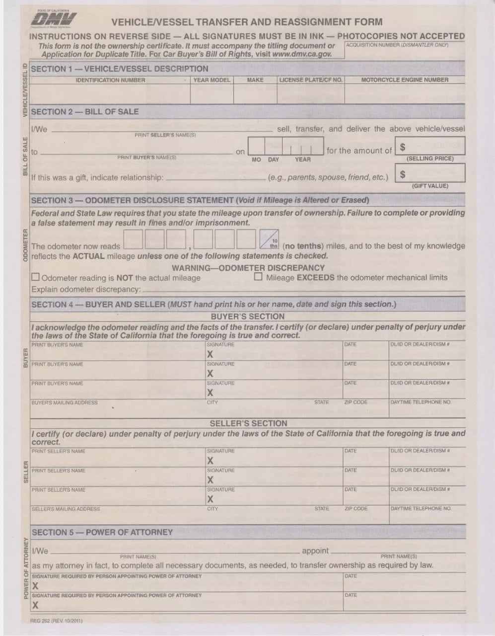 California Bill Of Sale DMV REG FORM# 262 Vehicle Transfer Reassignment PACK OF 50