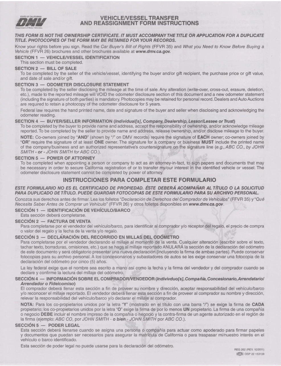 California Bill Of Sale DMV REG FORM# 262 Vehicle Transfer Reassignment PACK OF 50