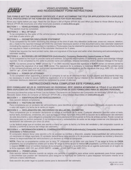 California Bill Of Sale DMV REG FORM# 262 Vehicle Transfer Reassignment PACK OF 50