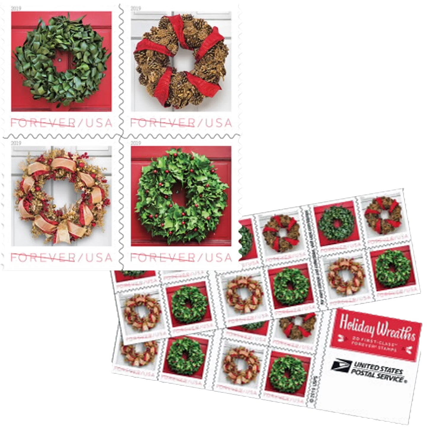 "Holiday Wreaths" USPS First Class Forever Postage Stamps 5 Sheets of 20 (100 total mailing stamps)