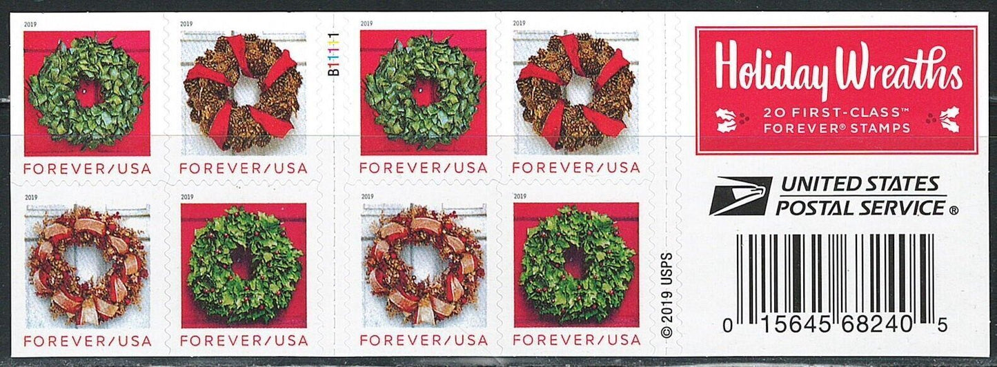 "Holiday Wreaths" USPS First Class Forever Postage Stamps 5 Sheets of 20 (100 total mailing stamps)