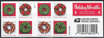 "Holiday Wreaths" USPS First Class Forever Postage Stamps 5 Sheets of 20 (100 total mailing stamps)