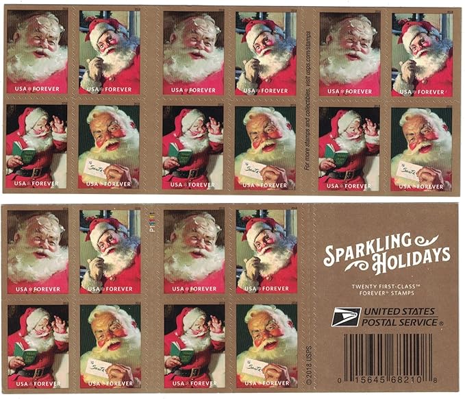 Sparkling Holidays "Santa Claus on Christmas Eve" USPS First Class Forever Postage Stamps 5 Sheets of 20 (100 total mailing stamps)